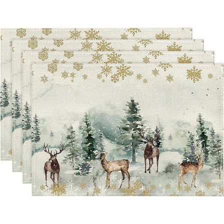 Vattenfärgshjortar, träd och snöflingor Juldukar för matbord, 12 x 18 tum Säsongsbetonad vinter Jul semester rustik uppsättning om 4