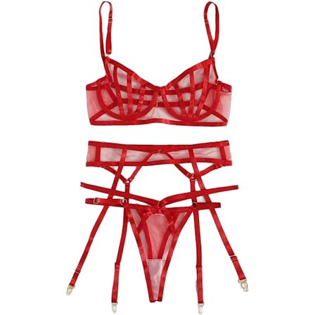 osy Sexy Underwire Fargerik Kawaii Søt Gjennomsiktig Strømpebånd Lingerisett BH og Truser 3-delt Stroppet Rød Stor