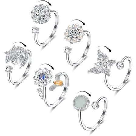 6 st Fidget Ångestringar Justerbara ringar set Justerbara ringar Fidget ringar Ångestpärlband, Stapelbara Silver