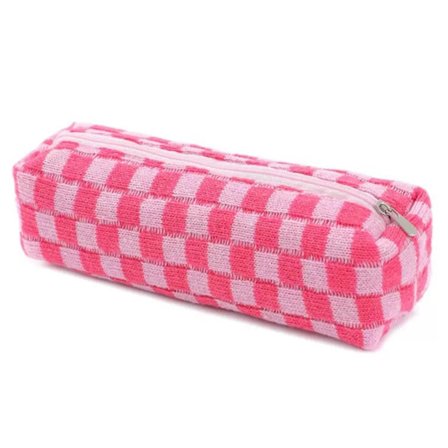 Sød ternet penalhus - Æstetisk penalhus med lynlås til piger, stilfuldt skoleudstyr og makeuptaske (pink)