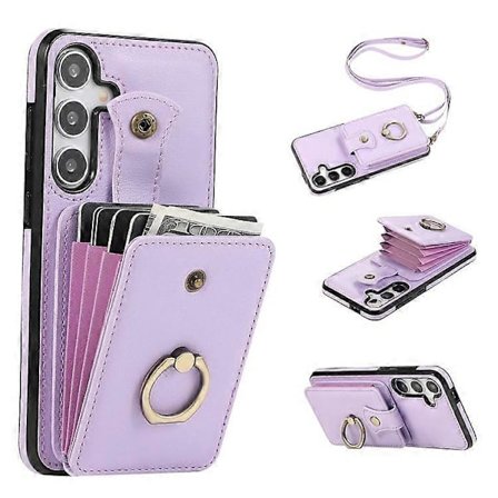 Yhteensopiva kuori Samsung Galaxy A36 5G:lle korttipidikkeellä, rengastelineellä, TPU + PU-nahkainen puhelinkuori pitkällä hihnalla [DB] Violetti
