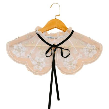Kvinder Elegant flæse Flæse falsk krave sjal tørklæde Snørebånd Sløjfe Halskæde Faux Pearl Perlebroderi Blomsterkappe