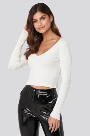 Adorable Caro x NA-KD Deep V-Neck Rib Top - Crop tops - Blanc - Small