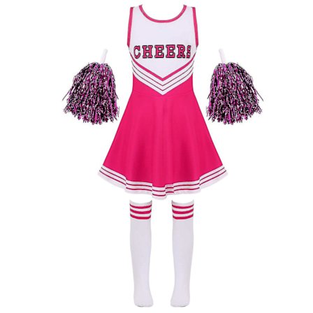 Barn Cheerleading Kostym Skoltjejer Cheerleader Uniformer Cheer Dans Outfits För Halloween Klänning Med Strumpor Blomma D_y Rosa