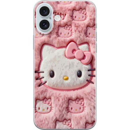 Kompatibelt Mobildeksel til Apple iPhone 16 Plus Hello Kitty rosa fluffy bakgrunn med ikoniskt ansikt og kawaii-estetikk