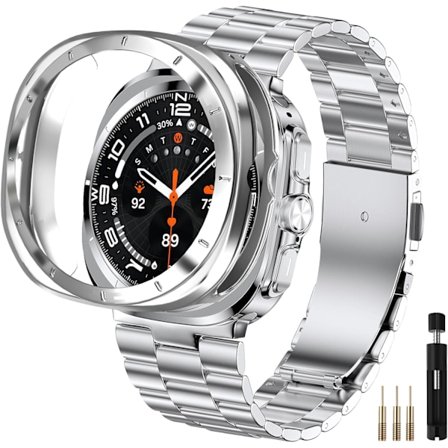 Rustfrie Stålbånd Med Støtfangerdeksel Hard PC Beskyttelsesdeksel for Galaxy Watch Ultra 47mm (2024), Solid Erstatning for Forretningsmenn Uten 