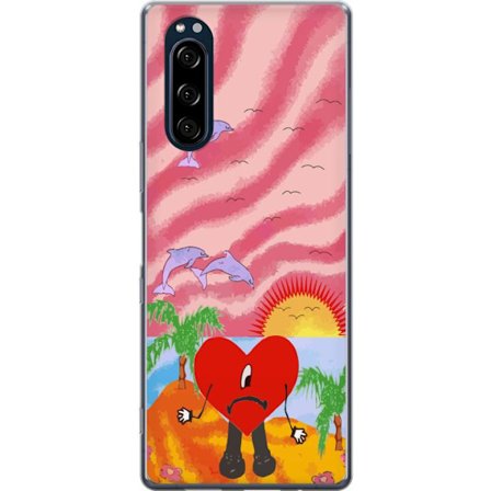 Kompatibelt Mobildeksel til Sony Xperia 5 Bad Bunny i en fargerik quiltet jakke med hjertemønster og solbriller i moderne gatestil