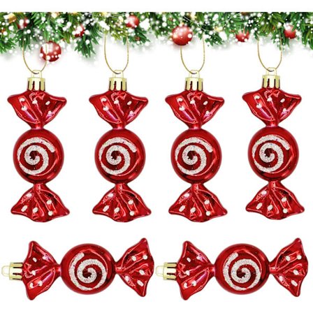 Julegodteri-ornamenter, 6 stk. Juletræsgodteri Hengende dekorasjoner Rødt glitter Candy Cane Ornament Søte formede kuler Hengende
