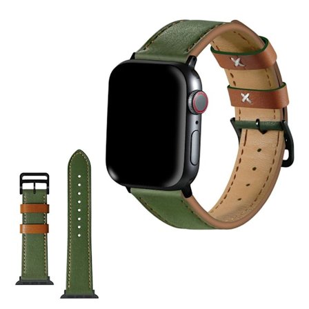Apple Watch Series 5 44mm contrast genuine leather watch band - Green / Brown Line