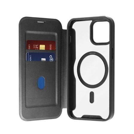 Puro Book Mag MagSafe lærveske med klaff og kortspor for iPhone 16 Plus - Svart