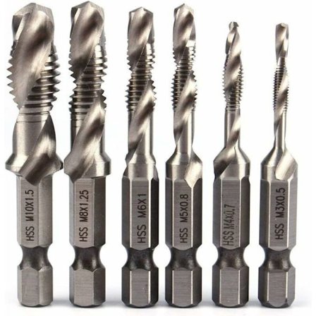 6 stk. HSS bor bitsæt 1/4" Hex skaft kombinationsbor hane sæt HSS bit M3-M10 metrisk gevindbor til træ jern aluminium sølv