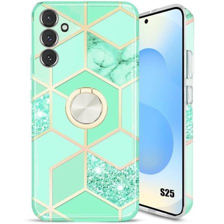 Beskyttelsescover - BOOLING - til Samsung Galaxy S25 - Turkis - Marmor Mønster - Rotationsring 360°