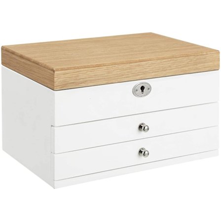 Smykkeskrin med 3 nivåer, smykkeorganisator i tre, smykkeoppbevaring med skuffer, fløyelsfôr, konstruert tre, for ringer, øredobber, armbånd, 