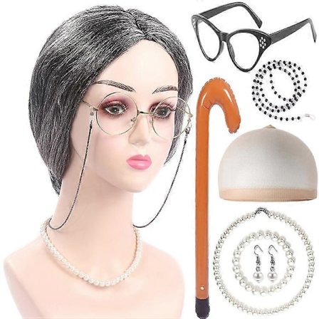 Gammal Dam Kostymset - Mormorsperuk, Peruknät, Mormorsglasögon, Glasögonkedja, Pärlhalsband (8 Delar)