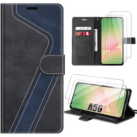 Coque Synthécuir - BOOLING - til Samsung Galaxy A56 5G - Stødabsorberende Synthécuir Sort Blå - 2 Glas