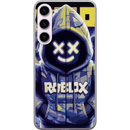 Kompatibelt Mobildeksel til Samsung Samsung Galaxy S23+ Blågul Roblox hettegenserfigur med minimalistisk neonstil og masket ansikt, moderne spillillu