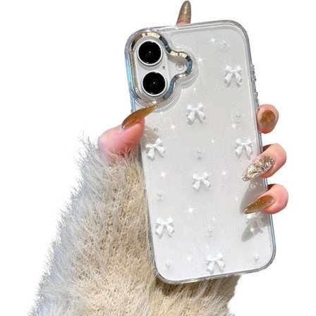 [PLEE] Deksel for iPhone 16, Bling Glitter 3D Rosett Telefondeksel Søtt Glitrende Krystallklart Rosett Slim Mykt Holdbart Beskyttende Deksel Hvit