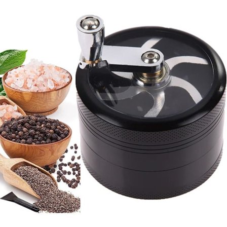 Krydderikværn i metal, kværn med håndtag, knuser til krydderier, pollenkværn, 4-delt sæt med skraber, urtekværn med håndsving, til krydderier, urter