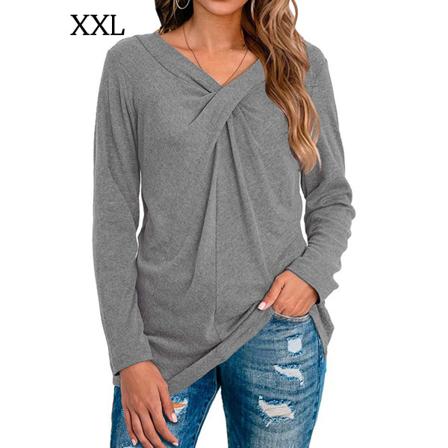 Dam Top Höst Casual Pullover Skjorta V-hals Enfärgad