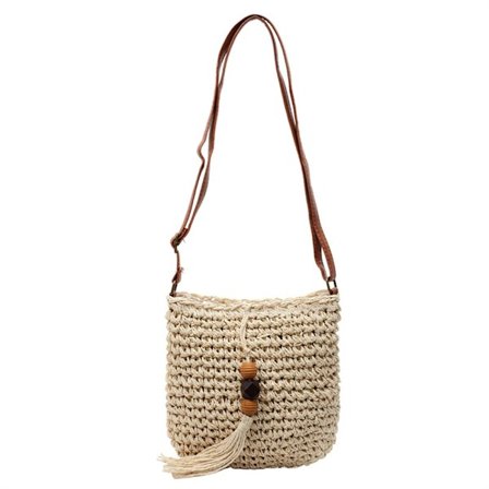 Vævet vandspandtaske med kvast, afslappet crossbody-taske i feriestil, lille vævet skuldertaske