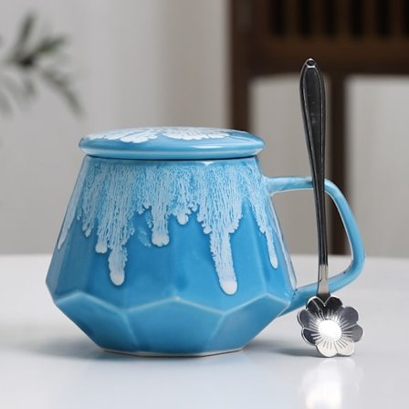 Stor keramisk kaffemugg, 13oz keramik stor tekopp med lock & sked & underlägg, födelsedagspresenter till mamma & pappa (himmelsblå)