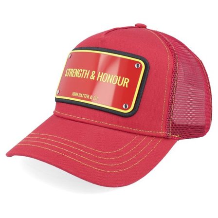 John Hatter & Co - Röd trucker Keps - Strength & Honour Aluminium Plate Red A-Frame Trucker @ Hatstore