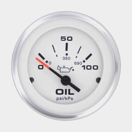 Manómetro de presión de aceite Veethree Lido, sin empañamiento, Ø52 mm, 12 V, C, 240 - 33 Ω, plata/blanco, 0 - 100 psi