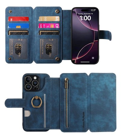 Etui til iPhone 16E / SE 2025 / SE4 blå Ekstra Stor Tri-Fold Flip Business RFID-Blokerende Multi-Wallet med Kortholder