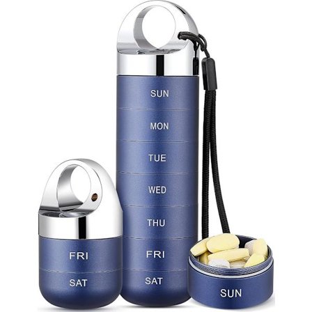 Metal Rejse Pilleæske, Bærbar Vandtæt Ugentlig Pillebeholder, Stor Pilleholder i Aluminiumlegering, til Vitaminer/Fiskeolie/Kosttilskud, Dybblå