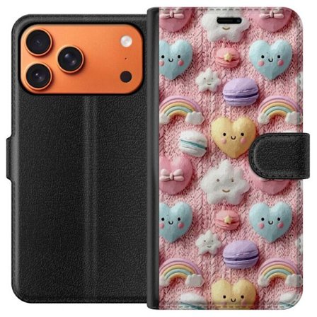 Kompatibelt Lommeboketui til Apple iPhone 17 Pro Max Pastellmotiv med hjerter, skyer, regnbuer og makroner mot rosa bakgrunn i en søt drømmende stil.