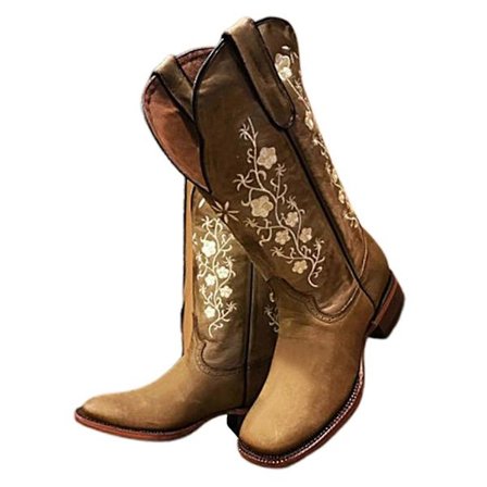 Cowboyboots med bred legg og bred tå for kvinner - Moderne vestlige broderte cowgirlboots, brun