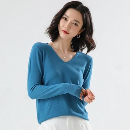 Mode Grundlæggende Kvinder Merino Uld Trøje Cashmir Pullover V-Hals Strik Slim Solid Kraver Wumai Blue M