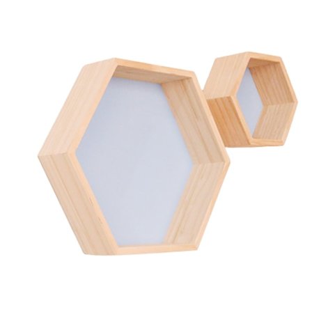 Massivt trä vägghylla display hylla hexagonal honeycomb hylla (stor, liten, blå)