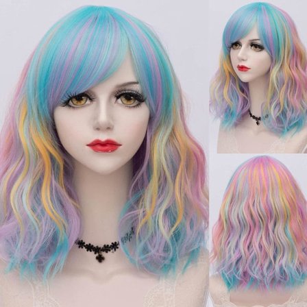 TG Korta peruker Flerfärgade peruker för kvinnor Korta lockiga vågiga cosplayperuker Kort peruk med lugg för Halloweenfest dagligen (1#)