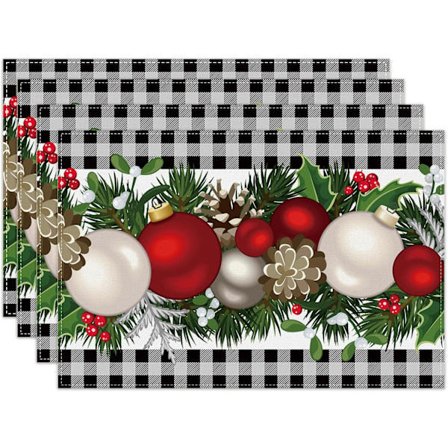 4-delade julplatsmattor för matbord - Lin Röd & Svart Rutig Design, Vinterhelg Heminredning, Kök i Gårdshusstil