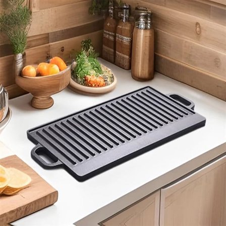 Vendbar grillplade i støbejern med grill- og stegeoverflade - 40x20 cm