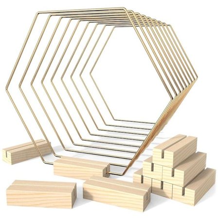 Set med 10 hexagonformade bågar på 9,1 tum med 10 träkortshållare för bröllopsbordsdekorationer