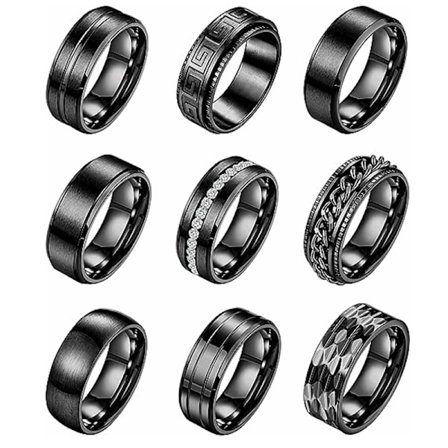 9-delad set 8mm titanstål herr- och damkedjeringsarmband enkel borstad bröllops- och förlovningsringsset svart 9-delad set nr 7