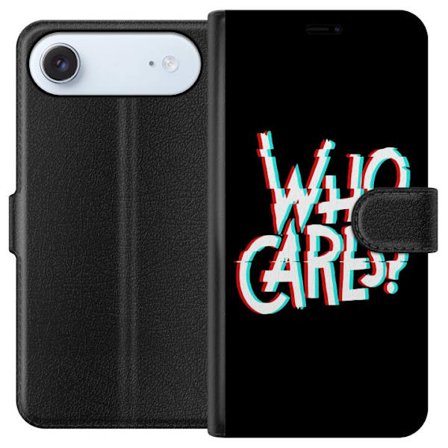 Kompatibel Tegnebogsetui til Apple iPhone 17 Air Glitchtypografi med teksten "who cares" i rødt og cyan på en sort minimalistisk baggrund.