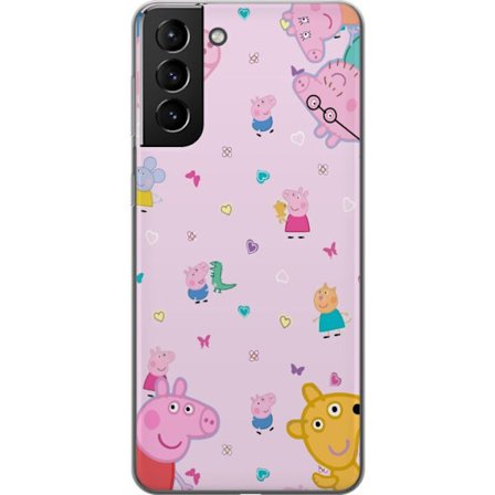 Kompatibelt Mobildeksel til Samsung Galaxy S21+ 5G Peppa Gris med en baby i armene, mamma gris motiv i fargerik og myk barneillustrasjon med hjerter