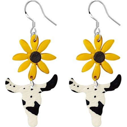 Våren Sommer Gul Solsikke Leopard Ku Polymer Leire Ku Skinn Dropp Dangle Ørepynt For Kvinner Jenter Søte Blomster Strand Vestlig Statement Chee