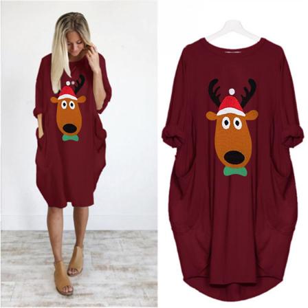 Kvinnor Kortärmad Casual Christmas Print Pocket T-shirt Dress