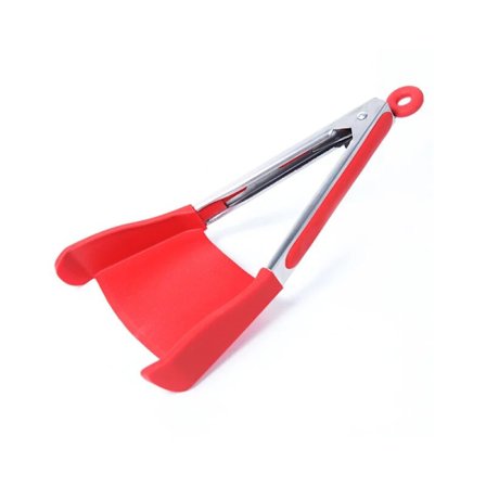 2 i 1 Smart Køkkenskraper og Tang Varmebestandig Non-Stick Rustfrit Stål Ramme Silikone Tang Køkkenredskab Gadget Rød