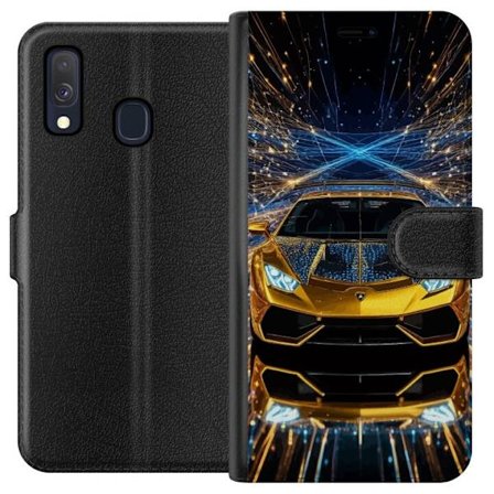 Samsung Galaxy A40 Tegnebogsetui Gylden sportsbil illustration, futuristisk luksusbil med lysbaner perfekt til eksklusive bilmotiver og racerfølelse