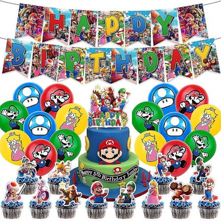 Super Mario -teemajuhlien tarvikesarja, koristeet, ilmapallot, banneri, kakunkoriste, cupcake-koristeet, lahjat