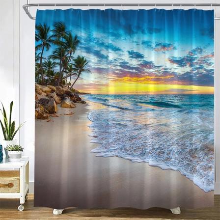 Skymning Solnedgång Strand Duschgardiner Tropiskt hav Palmträd Skog Vattenfall Naturlandskap Tyg Heminredning Set 2743YY 180x180cm-70x70in