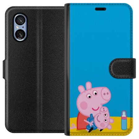 Kompatibelt Lommeboketui til Sony Xperia 5 V Peppa Pig alvet tema med krone og tryllestav på rosa bakgrunn, søt barneillustrasjon med Greta Gris i e