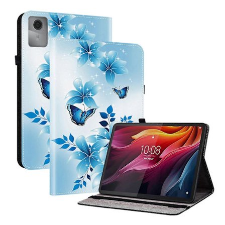 TKdaddy Lærveske med mønstertrykk og stativ for Lenovo Idea Tab (TB336ZU TB336FU) Xiaoxin Pad 11 2025, med kortspor, blå sommerfugl