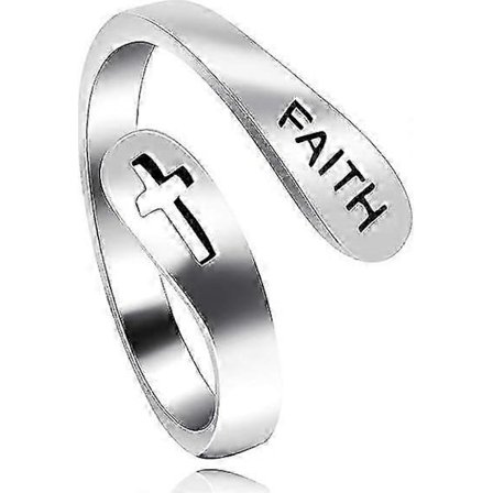 Justerbar 925 Sterlingsilver Kors Tro Ring för Kvinnor och Män, Kristna Finger Öppna Ringar, Religionssmycken (FMY)