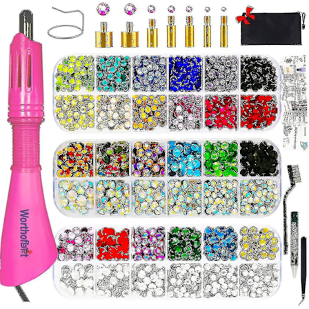 Strass-sättare, applikatorset, Hot Fixed Wand Bedazzler Kit, 4080 st, Ab Crystal, Klar, 14 färger, 7 spetsar, 4 ädelstensstorlekar, pincett, Jewel Pi